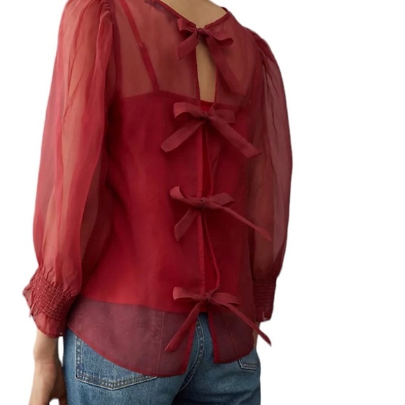 Anthropologie Eva Franco Silk Organza Deep Red Sheer Blouse Balloon Sleeves Sz M - Picture 3 of 12